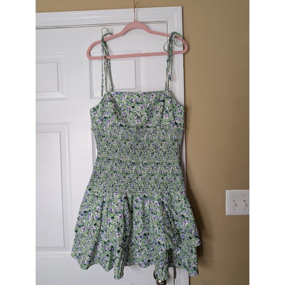English Factory Floral Smocked Mini Dress Size Large Green Fairy Cottagecore